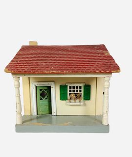 Schoenhut Doll House. Medium size house with painted wood sides and base, pressed wood roof. Roof lifts to reveal "attic" and side opens to reveal a s