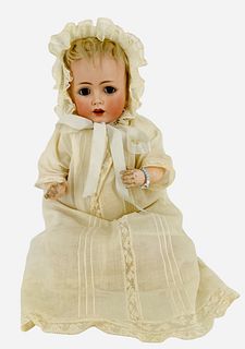J.D.K. 257 bisque socket head character baby. 15" doll with mohair wig, glass sleep eyes with eyelashes, open mouth with teeth, on five-piece composit