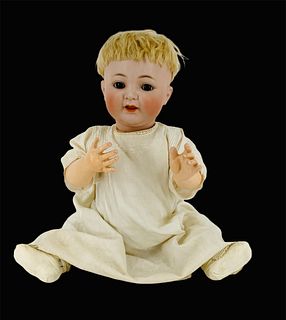 Simon & Halbig 126 bisque socket head character baby. 24" doll with mohair wig, glass sleep eyes, open mouth with teeth, wobbly tongue, on five-piece 