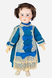 Jumeau 1907 bisque socket head girl. 30" doll with human hair wig, stationary glass eyes, pierced ears, open mouth with teeth, on chunky jointed compo
