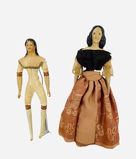 (2) Early papier mache shoulder head "Milliner's Models". Includes 8 1/4" doll with molded and painted hair and facial features, long style hair with 