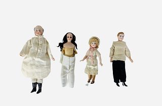 4 dollhouse sized dolls including 6" old man, 5" young man with incised 203/ 1216? On shoulder plate, girl with glass eyes and glued wig is marked ???