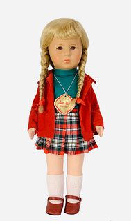 1976 Kathe Kruse girl. 18" doll with fixed plastic head, molded and painted facial features, human hair wig, on firmly stuffed cloth body with tab joi