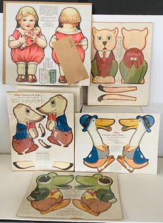 Lot (5) Cloth Advertising Cut-Outs. Includes "Dandy the Duck", "Crinkle the Cat", "Dinkey the Dog" and "Freckles the Frog" for Kellogg's, and Harrow-T