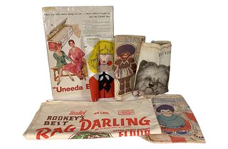 Vintage lot of multiple doll-themed advertising including cambric cotton bags by such names as Sea Island Sugar & RodkeyÃ­s Best Flour. Also a TatterÃ