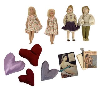 Lot of (5) including (2) 5" hard plastic dolls with painted facial features and mohair; and (2) 5" bisque dolls. One of the hard plastic dolls legs ar