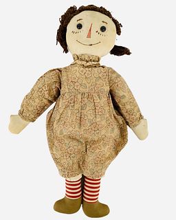 Volland Raggedy Ann. 16" cloth doll with applied brown yarn hair, handpainted facial features, shoe button eyes, stitch-jointed body with sewn on stri