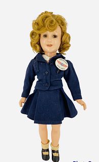 Ideal composition Deanna Durbin. 17" doll with human hair wig, sleep eyes, open mouth with teeth, on five piece body. Dressed in navy blue wool suit w