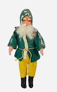 Vintage Santa Claus. 10" with mache mask face, straw stuffed wool felt clothing for the body, painted facial features with fur beard.