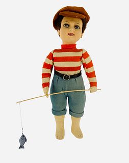 A cute 14" tall fellow with a fishing pole accessory. Vintage doll is painted molded wool felt with a great smile and brown eyes, vivid for age. Felt 