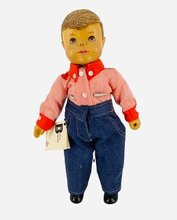 One-of-a-kind wood doll "Jack" by Bob Beckett. 12 1/2" flange head doll with handcarved and painted hair and facial features, on cloth body with wood 