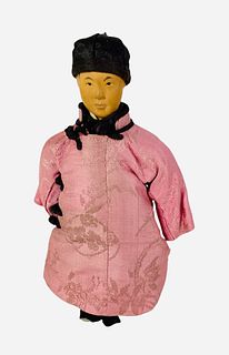 Chinese Door of Hope Mission Doll. 8 1/2" with carved wood flange head, painted hair and facial features, on unjointed cloth body with carved wood han