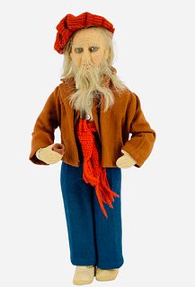 Doll themed by "Old Man of the Island of Capri" per itemÃ­s clothing tag. He has part of a pipe, cloth shoes, a beard and eyebrows of human hair, mold