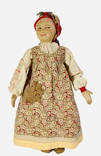 All cloth Made in Russia "Ryazan District Woman". 14 1/2" doll with molded and painted facial features, on cloth body with tab jointed arms. Dressed i