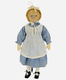 Early Moravian Cloth Doll. 18" girl with painted hair and facial features, on stitch-jointed cloth body. All original, doll wears her blue/white gingh