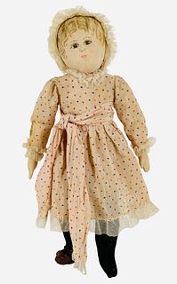 Vintage all cloth doll. 17" girl with painted hair and facial features, on stitch-jointed body, mitten hands with stitch delineated fingers. Doll is s