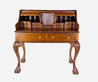 A Toys to Treasure by CollectorÃ­s Collection wood dollÃ­s desk. Some trim is missing, and some additional trim is in a drawer. There are 11 opening d