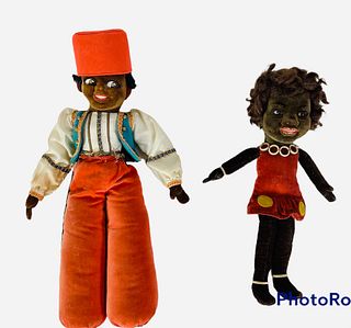 (2) English cloth character dolls. Includes 15" Farnell's Alpha Toys "genie" with molded and painted facial features, large side-glancing eyes, mohair