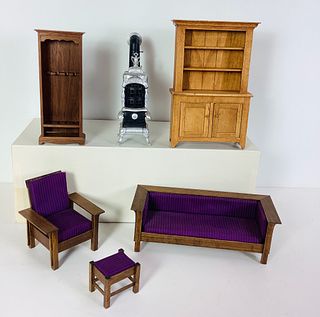 Lot of (6) pieces dollhouse furniture including Susanne Russo 3 piece arts & crafts style living room furniture and 2 wood open cupboards by Sir Thoma