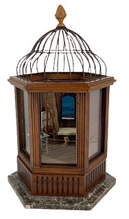 23" glass, wood and metal decorative birdcage shadow box on marble base, with miniature doll furniture.