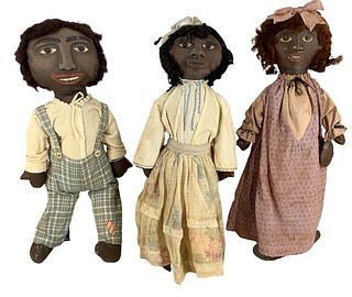 Lot of (3) 21", 20" & 19" vintage cloth dolls with button eyes and painted facial features (2) with mohair wigs and (1) yarn. Outfits show wear. with 
