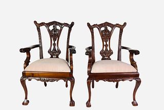 Lot of 2 darling Mahogany Chippendale style wood-type doll chairs @ 20" tall, 10" deep and approx 14" wide. Chairs are covered in a mauve color raw si