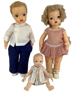 3 dolls from the Terri Lee family including Terri Lee with tagged dress. Marked Terri Lee. Jerri Lee has tagged shirt. Linda Baby has tagged outfit an