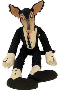 Big Bad Wolf cloth doll. 20" plush swivel head character with wool felt face, printed facial features, glass eyes, button nose, wool felt chest, hands