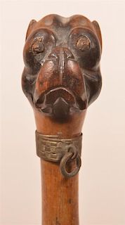 Carved Folk Art Cane with Pug Dog Head Handle.