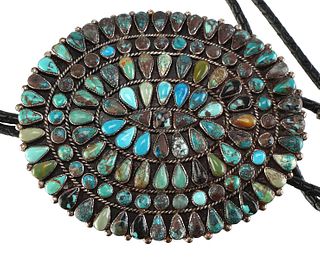 Large Sterling and Turquoise Petit Point Bolo Tie