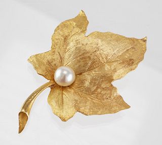 14K Gold Leaf & Pearl Brooch Pin