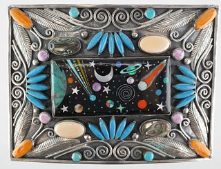 Sterling Turquoise Coral Onyx Inlay Belt Buckle