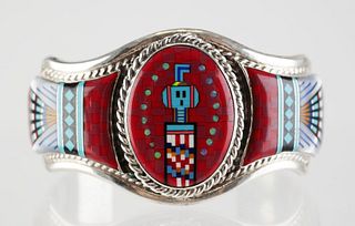Sterling Micro Inlay Turquoise Coral Cuff Bracelet