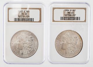 2 Morgan Silver Dollars, 1882s 1904o NGC MS65