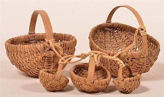 Group of Five Miniature Oak Splint Baskets.