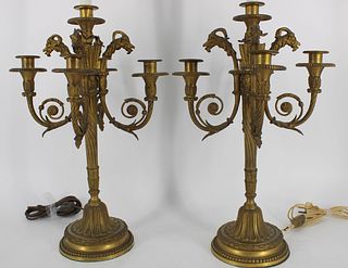 A Fine Pair of Antique Bronze Candelabra With Rams