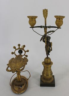 Antique Bronze Sconce Together With A Candelabra