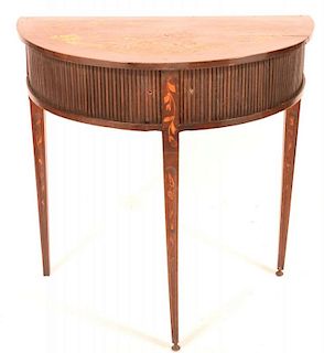 Marquetry Tambar Front Demilune Table.