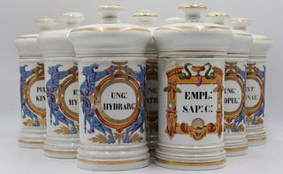 9 Pc. French Porcelain Lidded Apothecary Jar Set.