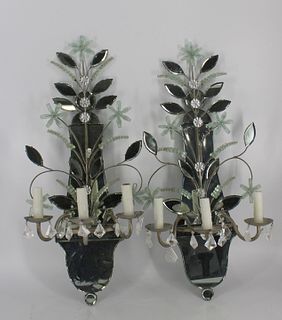 A Pair Of Mirror Back Sconces With Rock Crystal