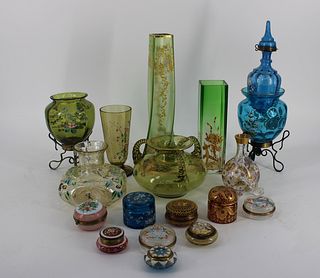 17 Pieces Of Antique Enamel Decorated Glass.