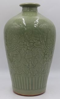 Chinese Ming Style Celadon Glaze Incised Vase.
