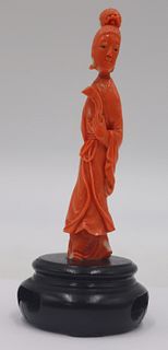 Carved Salmon Coral Carving of a Guanyin.