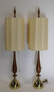 Midcentury Pair Of Brass & Wood Standing Lamps.