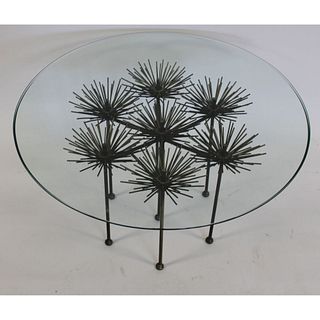 Brutalist Bronze Gilt Floral Table with Glass Top.
