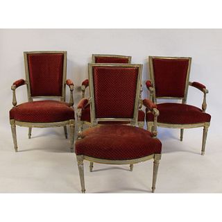4 Louis XV Carved And Painted Arm Chairs.