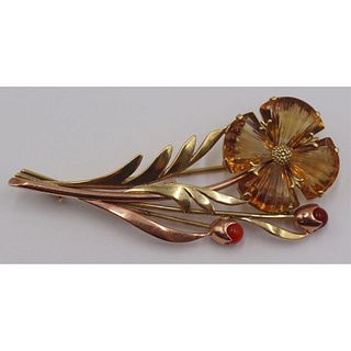 JEWELRY. 14kt Bi-Color Gold and Colored Gem Brooch