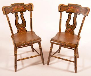 Pair of Lyre Back Paint Decorated Plank Chairs