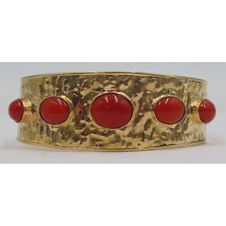 JEWELRY. Italian 18kt Gold and Red Coral Cuff
