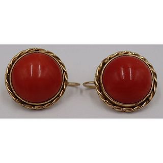 JEWELRY. 14kt Gold and Coral Cabochon Earrings.